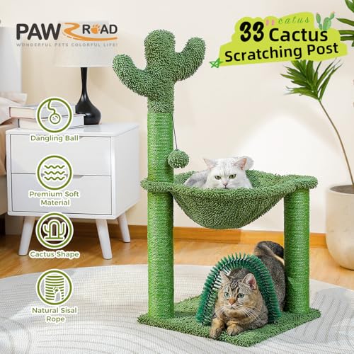 PAWZ Road Cactus Cat Tree, 33 Inchs Cat Tower with Cat Self Groomer, Soft Hammock and Fully Wrapped Sisal Scratching Post for Indoor Cats