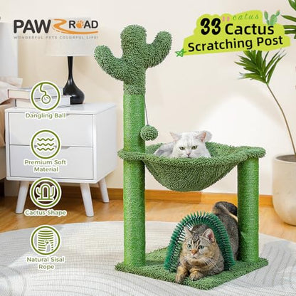 PAWZ Road Cactus Cat Tree, 33 Inchs Cat Tower with Cat Self Groomer, Soft Hammock and Fully Wrapped Sisal Scratching Post for Indoor Cats