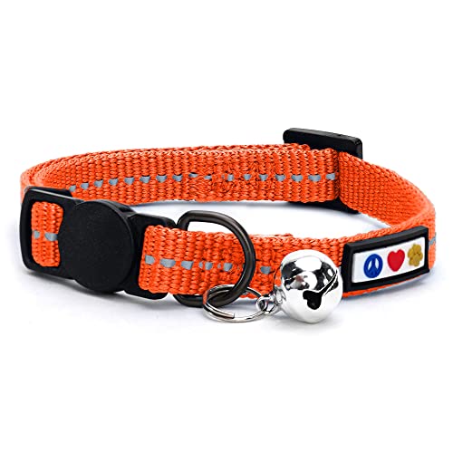 Pawtitas Recycled Orange Reflective Cat Collar – Eco-Friendly Breakaway Safety Buckle, Adjustable Kitten & Adult Collar with Removable Bell and High-Visibility Strap - color: Recycled Orange