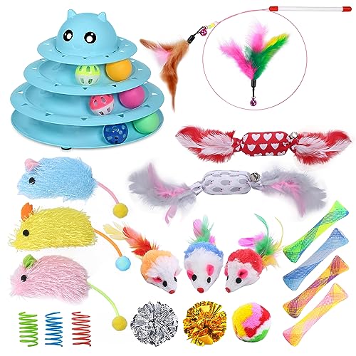 UPSKY 24 PCS Cat Toys, 3-Level Turntable Kitten Toys Set, Interactive Cat Roller Toys for Indoor Cats, Catnip Toys, Cat Teaser Toys, Mice Toys, Spring Toys, Various Ball Toys for Kitty - color: D-24PCS-Blue