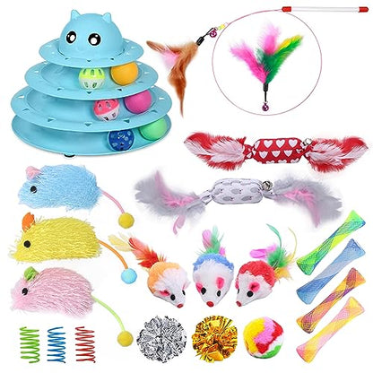 UPSKY 24 PCS Cat Toys, 3-Level Turntable Kitten Toys Set, Interactive Cat Roller Toys for Indoor Cats, Catnip Toys, Cat Teaser Toys, Mice Toys, Spring Toys, Various Ball Toys for Kitty - color: D-24PCS-Blue