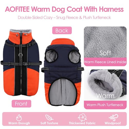 AOFITEE Dog Coat, Warm Dog Jacket with Harness Built-in, Waterproof Medium Dogs Cold Weather Coat with Zipper, Reflective Fleece Lined Pet Snow Jackets for Pug, Jack Russell, Boston Terrier, Blue M - color: Blue, size: Medium