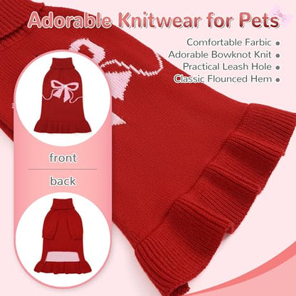 Bowknot Dog Sweater Dress for Small Dogs Girl, Stretchy Pet Sweaters Pullover Coats, Fall Winter Warm Dog Turtleneck Sweater (Red, M) - color: Red, size: Medium (9-15lbs)
