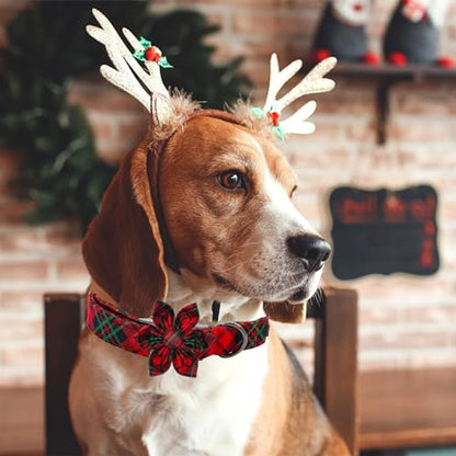 Dog Collar, Christmas Pet Collar with Flower Holiday Girl Boy Puppy Collar Adjustable for X-Small Dogs - color: Christmas PlaidⅡ, size: X-Small (Pack of 1)