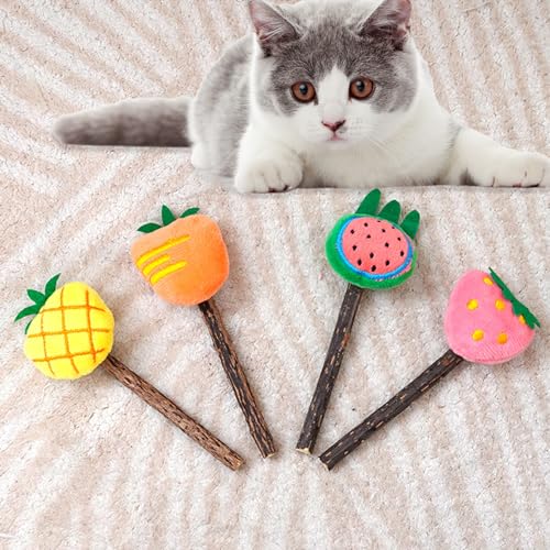 Cat Chew Toys 4 Pack, Silvervine Sticks and Organic Catnip Toys for Indoor Cats, Kitten Teething Chew Stick Toys, Dental Chew Toys for Cats, Interactive Cat Kicker Toys for Kittens and Adults