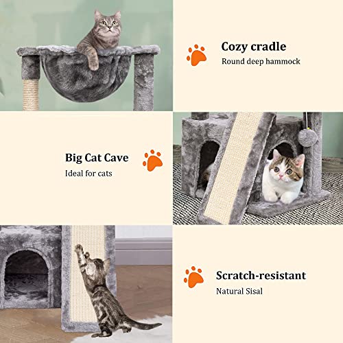 SYANDLVY Cat Tree for Indoor Cats Large Adult, Modern Activity Tower with Scratching Posts & Board, Condo with Plush Perch, Climbing Stand with Cradle & Hanging Ball for Play, Light Grey - color: Light Grey