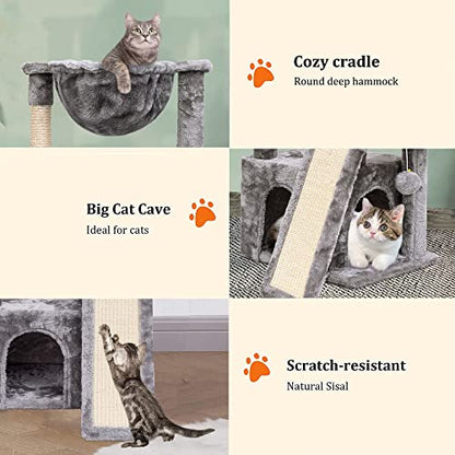 SYANDLVY Cat Tree for Indoor Cats Large Adult, Modern Activity Tower with Scratching Posts & Board, Condo with Plush Perch, Climbing Stand with Cradle & Hanging Ball for Play, Light Grey - color: Light Grey