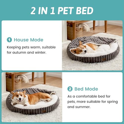 Dog Bed with Hooded Blanket, Round Fluffy Anti-Anxiety Pet Bed for Small Dogs & Medium Dogs, Cozy Donut Cuddler with Machine Washable Faux Fur & Anti-Slip Bottom(26"×26"×7",Grey) - color: Grey, size: 26"×26"×7"