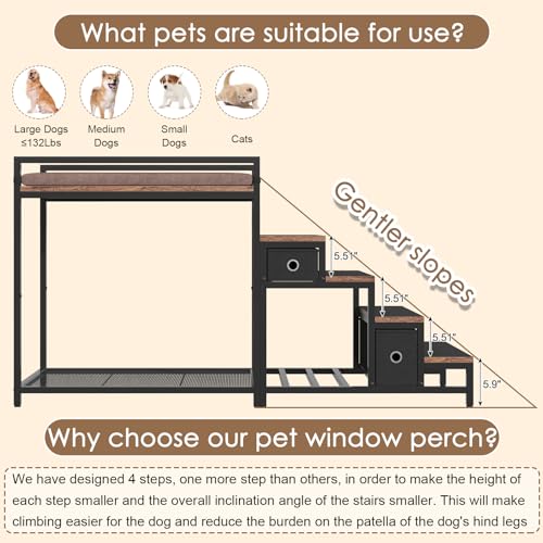 Saudism Pet Bunk Bed with Removable Stairs and 2 Drawers, Dogs/Cats Window Perch, Dog Window Seat with Soft Cushion, Ultra-Shallow Steps, Sturdy Metal Frame, Non-Slip, Load Capacity 60 LBS, Brown - color: Brown+Black