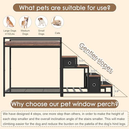 Saudism Pet Bunk Bed with Removable Stairs and 2 Drawers, Dogs/Cats Window Perch, Dog Window Seat with Soft Cushion, Ultra-Shallow Steps, Sturdy Metal Frame, Non-Slip, Load Capacity 60 LBS, Brown - color: Brown+Black