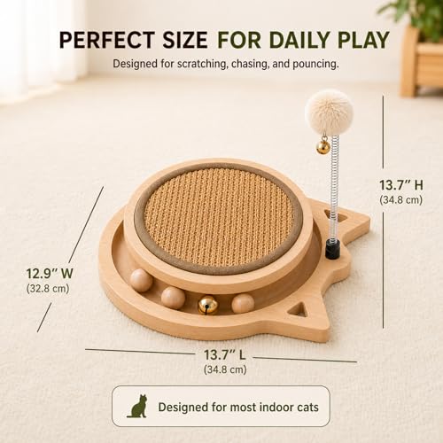 Cat Scratcher Board with Natural Sisal, Interactive Cat Track Toy with Spring Ball – Durable Kitten Scratching Pad for Indoor Cats, Kitty Wooden Cat Toy Stress Relief & Fun Exercise