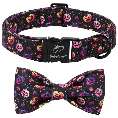 Halloween Dog Collar with Bow Tie - Cute Halloween Black Spooky Pumpkin Dog Collars, Adjustable Metal Buckle Bowtie Collar for Small Medium Large Boy Girl Dogs XS - color: B-Spooky Pumpkin, size: XS