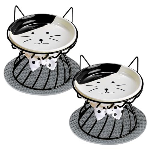 2PCS Ceramic Elevated Cat Bowls, Raised Pet Food Bowl Whisker Friendly, Anti-Vomiting Food Plate with Cute Metal Stand, Shallow Food Plate for Indoor Cat, Protects Spine - color: Black set of 2