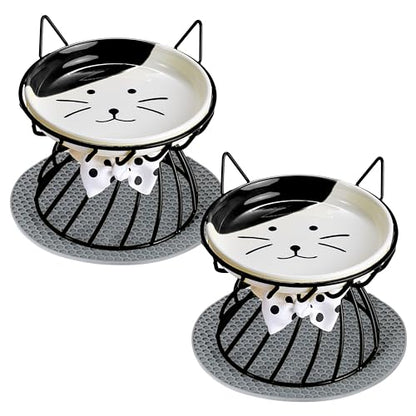 2PCS Ceramic Elevated Cat Bowls, Raised Pet Food Bowl Whisker Friendly, Anti-Vomiting Food Plate with Cute Metal Stand, Shallow Food Plate for Indoor Cat, Protects Spine - color: Black set of 2