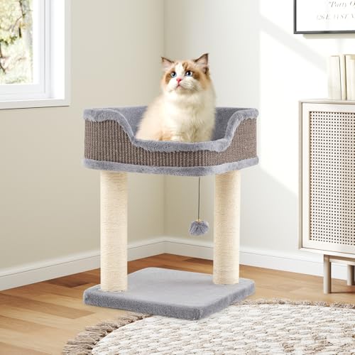 PETSITE 20 inch Small Cat Tree, Modern Cat Tree with Top Soft Upholstered Bed, Sisal Scratching Posts & Mats, and Interactive Dangling Ball, Ideal for Small Indoor Cats and Kittens