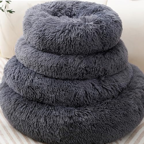 Calming Cat Bed for Indoor Cats & Small Dogs, Pet Bed for Puppies Rabbit,Machine Washable Non-Slip Donut Sofa for 6.5lbs Pet，Plush Dark Gray Cama para Gatos，Dark Gray