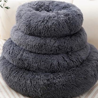 Calming Cat Bed for Indoor Cats & Small Dogs, Pet Bed for Puppies Rabbit,Machine Washable Non-Slip Donut Sofa for 6.5lbs Pet，Plush Dark Gray Cama para Gatos，Dark Gray
