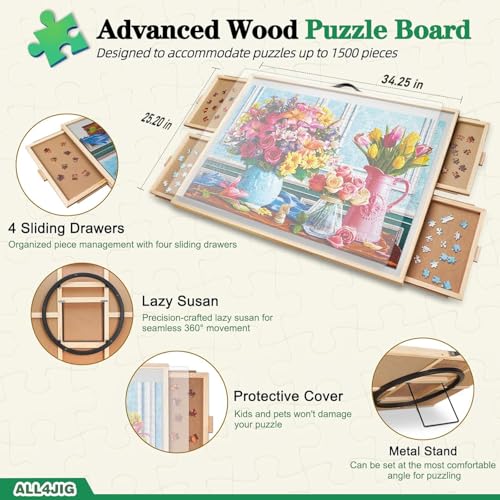 ALL4JIG 1500 Pieces 2-in-1 Tilting & Rotating Puzzle Board, 24.53" x 33.19"Adjustable Angle Puzzle Board with 4 Drawers & Clear Protective Cover, Birthday Gift for mom - color: Iron, size: Medium-1500pcs