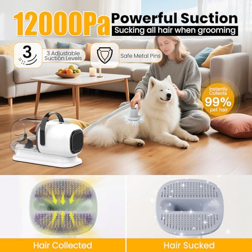 FIXR Dog Grooming Vacuum, All-in-One Pet Grooming Kit with Hair Clipper & Shedding Brush, Low Noise 12,000Pa Dog Hair Remover Vacuum, Pet Groomer Set with Cleaning Brushes, PG01