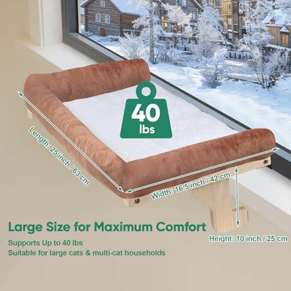 Cat Window Perch with Bolster, Large Hammock Bed for Indoor Cats, Solid Wood & Metal Frame Mounted Perch, Cozy Sunbathing Lounge Bed, 25” Wide (Brown Bed) - color: Brown
