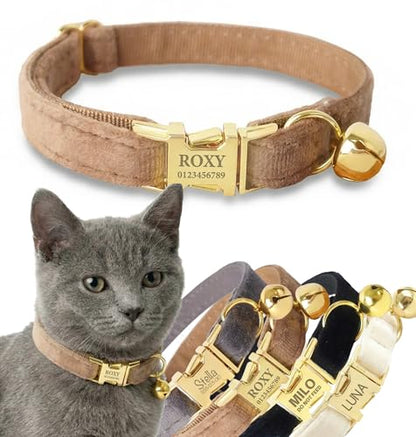 Personalized Velvet Cat Collar with Bell, Custom Engraved Name and Phone Number, Adjustable Luxury Kitten Collar, Non-Breakaway Secure ID Collar for Cats and Kittens - color: Camel, size: S