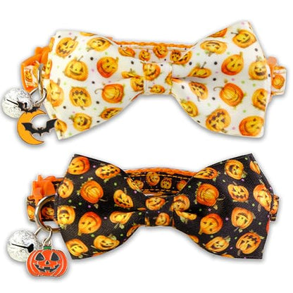 Halloween Cat Collar with Bell, Kitty Kitten Holiday Bow tie Collar Breakaway 2 Pack for Girl and Boys Male Female cat - color: Pattern E