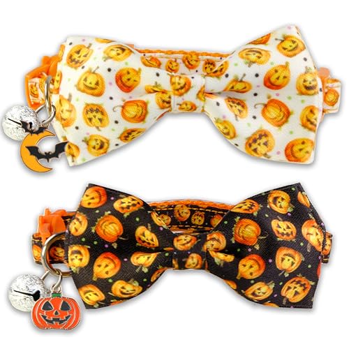 Halloween Cat Collar with Bell, Kitty Kitten Holiday Bow tie Collar Breakaway 2 Pack for Girl and Boys Male Female cat - color: Pattern E
