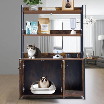 Garvee Cat Litter Box Enclosure with Shelves, 52'' Large Hidden Cats Furniture for Most Litter Box, Wood Enclosed Dog Proof Cat Kitty Cabinet with Scratch Mat Brown - color: Brown