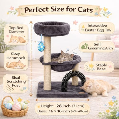 Simple Deluxe 27.8" Small Cat Tree with Easter Eggs,Multi-Level Cute Cat Tree with Scratching Post| Plush Hammock| Perch| Random 3 Pcs Easter Eggs| Groomer Brush for Kittens Play & Rest - color: Smoky Gray & Easter Eggs