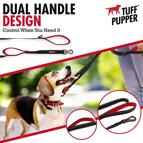 Tuff Pupper Heavy Duty Double Handle Leash | Twist Locking Carabiner Clip | Safety Lock for Strong Dogs | Reflective for Safe Night Walks | 6 Foot Leash | For Medium & Large Dogs - color: Epic Black