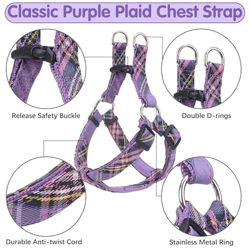 BINGPET Dog Harness Collar Leash Set,Adjustable No Pull Escape Proof Small Dog Harness,Classic Plaid Puppy Harness and Leash Set for Small Medium Large Dogs Training Easy Walk Running(Purple,S) - color: Purple Plaid, size: S(Chest Girth:14.9''-20.9'')