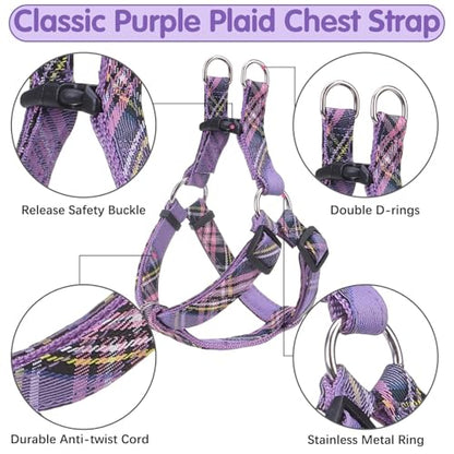 BINGPET Dog Harness Collar Leash Set,Adjustable No Pull Escape Proof Small Dog Harness,Classic Plaid Puppy Harness and Leash Set for Small Medium Large Dogs Training Easy Walk Running(Purple,S) - color: Purple Plaid, size: S(Chest Girth:14.9''-20.9'')