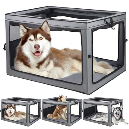 MEGHNA Dog Crate Portable Collapsible Lightweight Soft Sided Folding Travel Dog Kennel Double Door Collapsible 620D Oxford Fabric Cage (Grey, Extra Large) - size: Extra Large