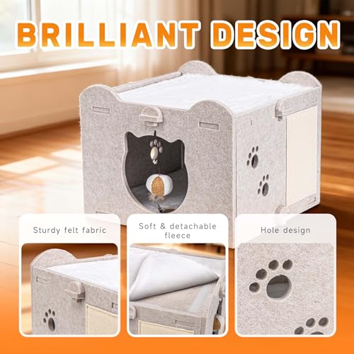 Yesday Detachable Felt Cat Bed Condo Shelter House for Indoor Use, Durable and Warm Flannel, Cozy Shelter with Built-in Scratching Board and Bonus Cat Toys (Camel) - color: Camel