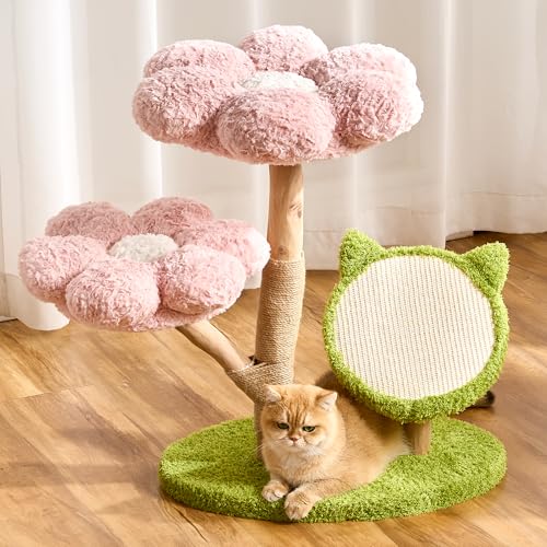 Modern Natural Solid Wood Cat Tree Tower for Indoor Cats Large Adult, 30 inch Flower Cat Tree with Scratching Post, Luxury Aesthetic Cat Tree with Cloud-Soft Flower Perches and Sisal Scratching Pad - color: blush pink, size: 30 inch-Cat Scratcher