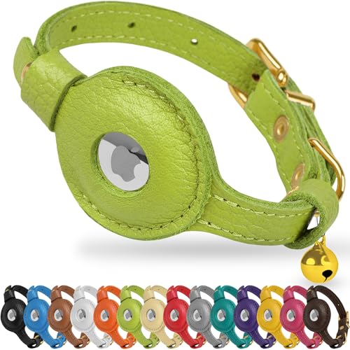OOPSDOGGY Leather AirTag Cat Collar with Bell - Non Breakaway Kitten Collar with Apple Air Tag Holder - Lightweight GPS Pet Collars for Girl Boy Cats, Small Dogs, Puppies (Lime Green) - color: Lime Green