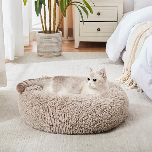 Calming Dog Bed & Cat Bed, Anti-Anxiety Donut Cuddler Warming Cozy Soft Round Fluffy Faux Fur Plush Cushion Bed for Small Medium Dogs and Cats (20"/24"/27"/30") - color: Brown, size: 20.0"L x 20.0"W x 6.0"Th