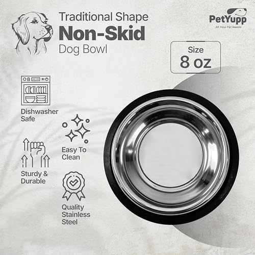 Stainless Steel Non Skid Dog Bowl – Non-Slip Rubber Base, Rust-Proof & Dishwasher Safe – Durable Food and Water Bowl for Small Dogs, Puppies & Kittens – 8oz - size: Non Skid Bowl - 8 oz