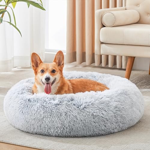 WESTERN HOME WH Calming Dog & Cat Bed, Anti-Anxiety Donut Cuddler Warming Cozy Soft Round Bed, Fluffy Faux Fur Plush Cushion Bed for Small Medium Dogs and Cats (20"/24"/27"/30") - color: Light Grey, size: 30.0"l x 30.0"w x 8.0"th