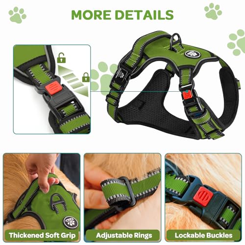 Plaid Dog Harness for Large Dogs, Reflective No Pull Adjustable Pet Vest with Front Clip, Leash, Easy Control Handle and Seat Belt, Army Green, XL - color: Army-Green, size: X-Large
