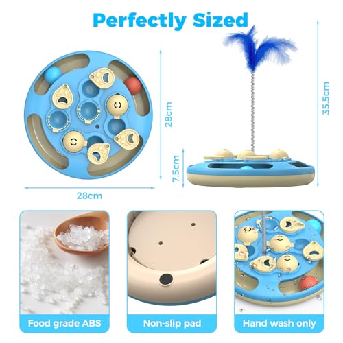 3 in 1 Cat Treat Puzzle Feeder, Level 3 Interactive Cat Puzzle Toy with Track Balls, Feather Teaser & Slow Feeder Insert, Non-Slip Base, Mental Stimulation for Bored Indoor Cats, Blue - color: Blue