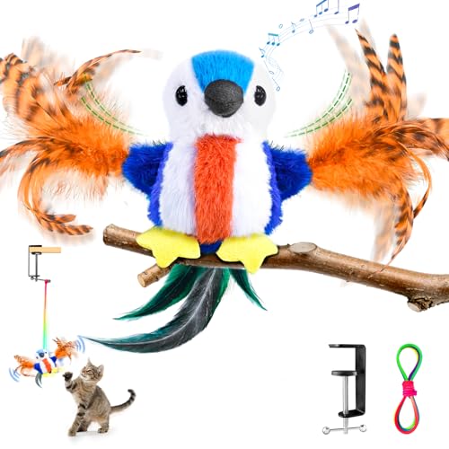 Cat Toys Flapping Bird, Catnip Toys for Indoor Cats Interactive Automatic Kitten Toy Kicker - Baby Plush/Feather/Crinkle, Rechargeable 4 Sounds/Off, Timed & Touch Activated, Clip & Hanging Rope