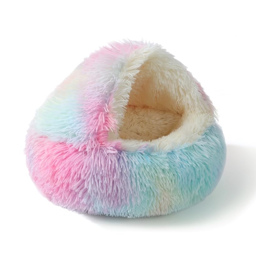Cat Bed Round Fluffy Hooded Cat Bed Cave, Anti-Anxiety Cave Bed with Hooded Blanket, Cozy Cuddler Luxury Puppy Pet Bed, Anti-Slip Bottom and Machine Washable - color: Rainbow, size: Medium