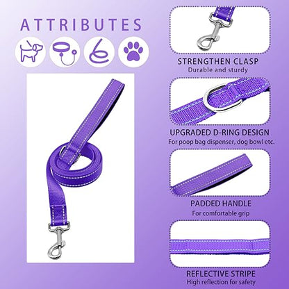 Reflective Dog Collar with Safety Locking Buckle, Adjustable Soft Breathable Nylon Collars for Small, Medium and Large Dogs(Collar+Leash XS Width 5/8" Purple) - color: Purple, size: X-Small (Width 5/8")