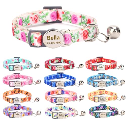 Custom Personalized Breakaway Kitten Cat Collar with ID Name Phone Number Tag Plate/Customized Engraved Floral Pattern Boy Girl Cat Kitten Collar with Bell-Heart Rose - color: Heart Rose