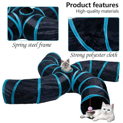 EGETOTA Cat Tunnel for Indoor Cats Large, with Play Ball S-Shape 4 Way Collapsible Interactive Peek Hole Pet Tube Toys, Puppy, Kitty, Kitten, Rabbit (S4 - Black & Blue) - color: S4 - Black & Blue