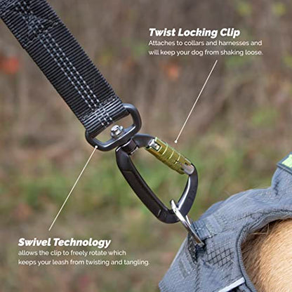 Tuff Mutt Hands-Free Waist Leash for Dog Walking, Running and Hiking, Carabiner Clip, Adjustable Belt with Double Handle, Reflective Bungee Design for Large & Medium Dogs - color: Carabiner/Green