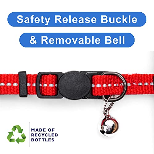 Pawtitas Recycled Red Reflective Cat Collar – Eco-Friendly Breakaway Safety Buckle, Adjustable Kitten & Adult Collar with Removable Bell and High-Visibility Strap - color: Recycled Red