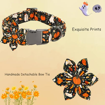 Halloween Dog Collar, Ghost Print Adjustable Pet Collar Fall Pumpkin Cute Cotton Soft Collars with Flower Tie Fall Metal Buckle Holiday Puppy Collars Boy&Girl Gift for X-Small Dogs - color: B:Ghost and Pumpkin, size: X-Small (Pack of 1)