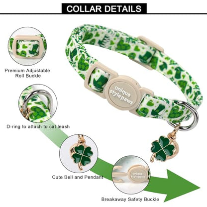 Unique style paws 2 Pack St. Patrick's Day Kitten Collar Breakaway with Bell&Pendant, Adjustable Safety Green Clover Magic Hat Cat Cotton Collar for Girl Boy Cat and Small Pet - color: clover magic hat